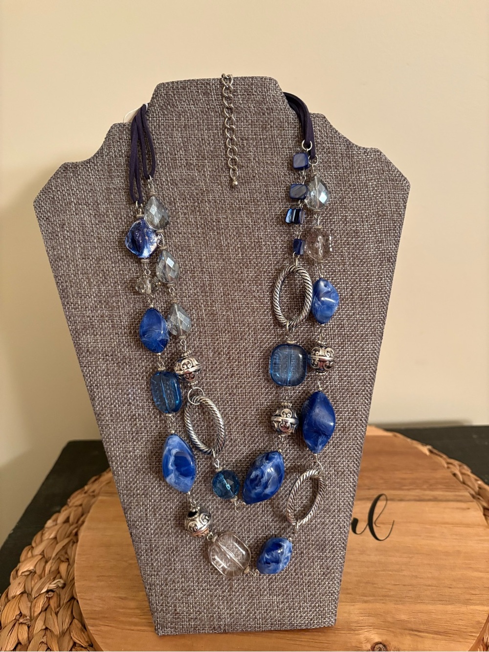 Blue Multitier Bead Necklace with Silver Accents